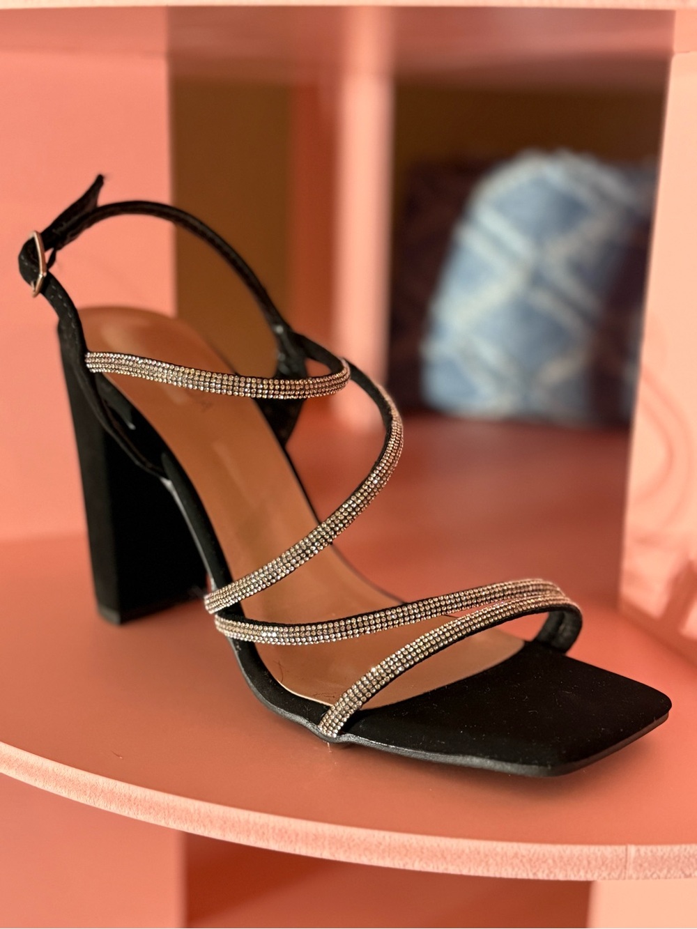 Elegant Black Crystal-Strap Women's Block Heel Sandals